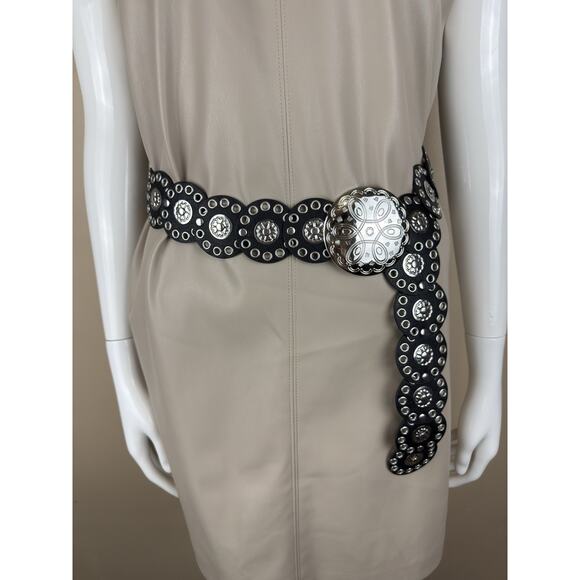 Unbranded Accessories - Wide Boho Western Concho Belt with Silver Discs and Floral Buckle